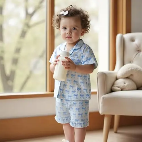 Bolalar Qizaloq Bola Satin Pijama Komplekti Qisqa yengli Tugmali Ko'ylak va Shortiklar Pjlar Yozgi Uyqu Kiyimi Tungi Kiyim - 3