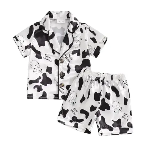 Bolalar Qizaloq Bola Satin Pijama To'plami Qisqa yengli Tugmali Ko'ylak Va Shortilar Pjs Yozgi Uyqu Kiyimi Tun Kiyimi - KIDS