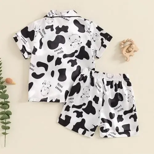 Bolalar Qizaloq Bola Satin Pijama To'plami Qisqa yengli Tugmali Ko'ylak Va Shortilar Pjs Yozgi Uyqu Kiyimi Tun Kiyimi - 3