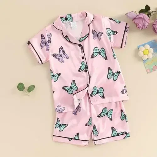 Bolalar Qizaloq Bola Satin Pijama To'plami Qisqa yengli Tugmali Ko'ylak Va Shortilar Pjs Yozgi Uyqu Kiyimi Tun Kiyimi - KIDS (1)