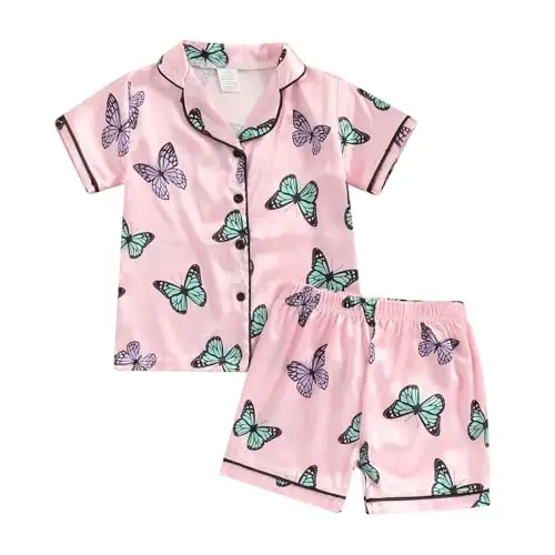 Bolalar Qizaloq Bola Satin Pijama To'plami Qisqa yengli Tugmali Ko'ylak Va Shortilar Pjs Yozgi Uyqu Kiyimi Tun Kiyimi - KIDS