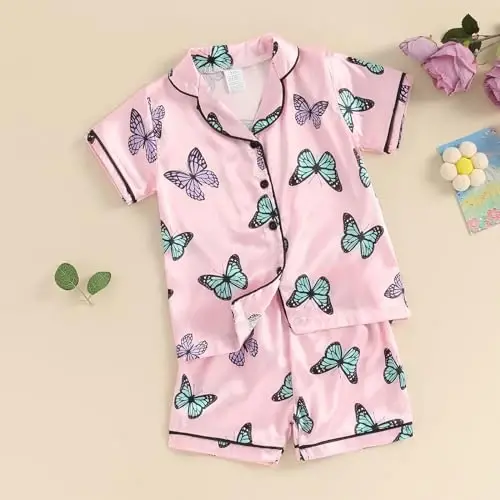 Bolalar Qizaloq Bola Satin Pijama To'plami Qisqa yengli Tugmali Ko'ylak Va Shortilar Pjs Yozgi Uyqu Kiyimi Tun Kiyimi - 2