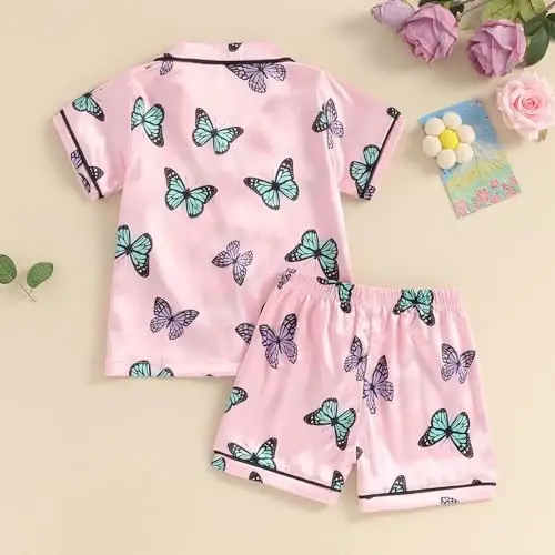 Bolalar Qizaloq Bola Satin Pijama To'plami Qisqa yengli Tugmali Ko'ylak Va Shortilar Pjs Yozgi Uyqu Kiyimi Tun Kiyimi - 3