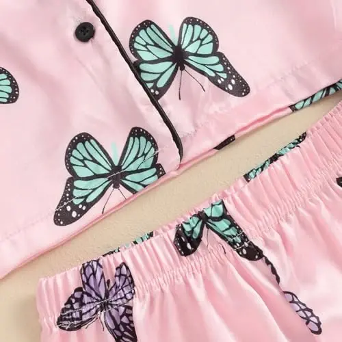 Bolalar Qizaloq Bola Satin Pijama To'plami Qisqa yengli Tugmali Ko'ylak Va Shortilar Pjs Yozgi Uyqu Kiyimi Tun Kiyimi - 6