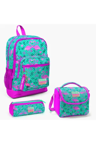 Bolalar Suv yashili Pushti Flamingo naqshli 3 tasi Maktab sumkasi to'plami SET0123712-Suv yashili To'q pushti 