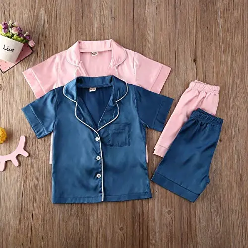 Bolalar Toddler Baby Girl Boy Atlas Pajamalar Komplekti Qisqa Yengli Tugmali Pajama Ko'ylagi Top+Shorts Pastki Kiyimlar Uxlash Kiyimlari - 7