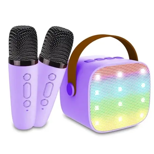 Bolalar tug'ilgan kunlari uchun 2 ta simsiz mikrofon va LED chiroqlar o'rnatilgan ko'chma Bluetooth kararoke pleyeri - DARKANT
