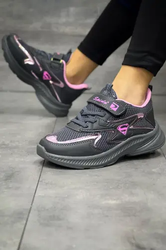 Bolalar tutun pushti ipli bitta Velcro engil nafas oladigan unisex to'rli krossovkalar-Tutun - BOUIS (1)