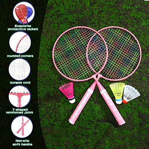 Bolalar uchun 2 juft badminton raketkasi to'plami, bolalar uchun 8 LED badminton to'pi, 6 oddiy badminton to'pi va 2 ta tashish sumkasi bilan Shuttlecock Sport Naylon qotishma badminton raketi to'plami, Tungi pushti ko'k - 3