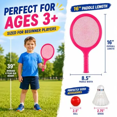 Bolalar uchun badminton raketkasi to'plami, 2 ta raketka, to'p va volan - kichik bolalar bog'chasi talabasi ochiq havoda sport o'yinlari tennis raketkasi o'yini plyaj o'yinchoqlari - 5