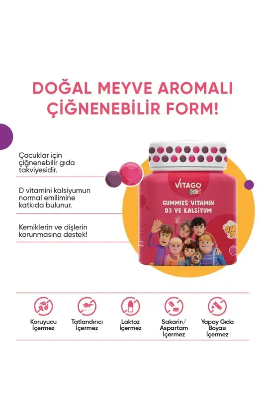 Bolalar uchun D3 vitamini va kaltsiy qo'shilgan 30 ta chaynab yeyiladigan jelatinli shirinliklar - VITAGO