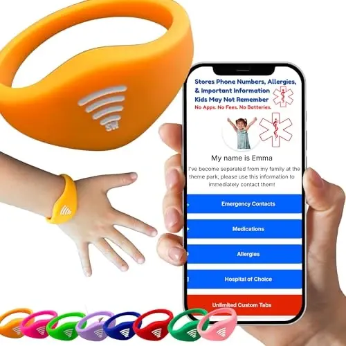 Bolalar uchun ID bilaguzuk – Oʻrnatilgan NFC xavfsizlik bilaguzuk, favqulodda aloqa maʼlumotlari uchun bolalar ID tasmasi, suv oʻtkazmaydigan silikon, GPS emas, bilak yoki toʻpiqda taqing, tema parklar, sayohat va plyajlar uchun ideal - SHAREWEAR
