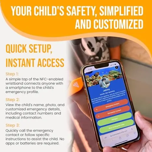 Bolalar uchun ID bilaguzuk – Oʻrnatilgan NFC xavfsizlik bilaguzuk, favqulodda aloqa maʼlumotlari uchun bolalar ID tasmasi, suv oʻtkazmaydigan silikon, GPS emas, bilak yoki toʻpiqda taqing, tema parklar, sayohat va plyajlar uchun ideal - 3