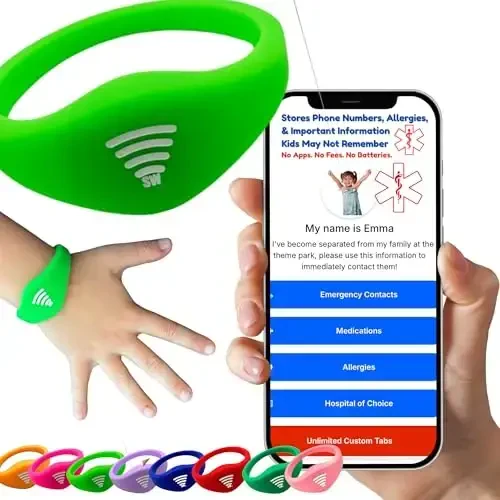 Bolalar uchun ID bilaguzuk – O'rnatilgan NFC xavfsizlik bilaguzuk, favqulodda aloqa ma'lumotlari uchun slip-on bolalar ID tasmasi, suv o'tkazmaydigan silikon, GPS emas, bilak yoki to'piqda taqing, tematik parklar, sayohat va plyajlar uchun ideal - SHAREWEAR