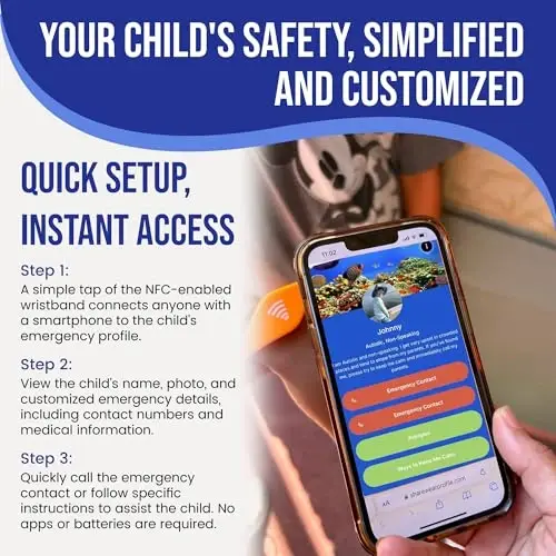 Bolalar uchun ID bilaguzuk – O'rnatilgan NFC xavfsizlik bilaguzuk, favqulodda aloqa ma'lumotlari uchun slip-on bolalar ID tasmasi, suv o'tkazmaydigan silikon, GPS emas, bilak yoki to'piqda taqing, tematik parklar, sayohat va plyajlar uchun ideal - 3