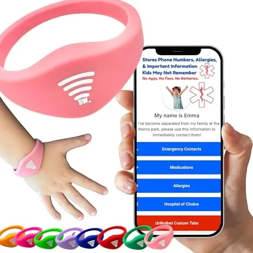 Bolalar uchun ID bilaguzuk – O'rnatilgan NFC xavfsizlik bilaguzuk, favqulodda holatlar uchun bolalar ID tasmasi, suv o'tkazmaydigan silikon, GPS emas, bilak yoki to'piqda taqing, tematik parklar, sayohat va plyajlar uchun ideal - 1