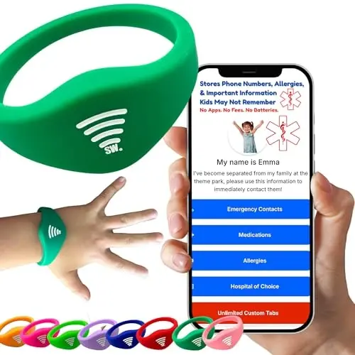 Bolalar uchun ID bilaguzuk – O'rnatilgan NFC xavfsizlik bilaguzuk, favqulodda vaziyatlarda aloqa ma'lumotlari uchun slip-on bolalar ID tasmasi, suv o'tkazmaydigan silikon, GPS emas, bilak yoki to'piqda taqing, tematik parklar, sayohat va plyajlar uchun ideal - SHAREWEAR