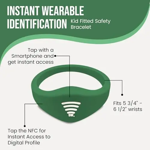 Bolalar uchun ID bilaguzuk – O'rnatilgan NFC xavfsizlik bilaguzuk, favqulodda vaziyatlarda aloqa ma'lumotlari uchun slip-on bolalar ID tasmasi, suv o'tkazmaydigan silikon, GPS emas, bilak yoki to'piqda taqing, tematik parklar, sayohat va plyajlar uchun ideal - SHAREWEAR (1)