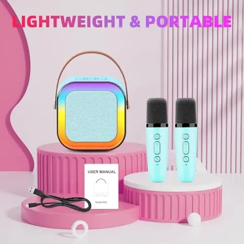 Bolalar uchun karaoke mashinasi, 2 ta simsiz mikrofonli qizlar uchun karaoke mashinasi, qizlar va o'g'il bolalar uchun oilaviy partiya uchun mini ko'chma bluetooth karna bolalar uchun karaoke mashinasi sovg'alari (ko'k) - 4
