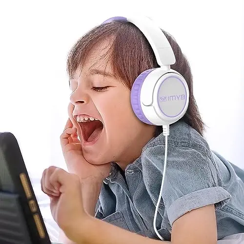 Bolalar uchun naushniklar, simli stereo buklanadigan chigallashmaydigan 3,5 mm sozlanishi quloqchinlar bolalar uchun maktab/yosh bolalar/bolalar/o'smirlar/o'g'il bolalar/qizlar/Ipad/planshet/Kindle/telefonlar/sayohat/samolyot (oq binafsha) - IMYB (1)