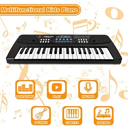 Bolalar uchun pianino klaviaturasi, EOOLEOW 37 tugmachali mikrofonli bolalar uchun ko'chma elektron pianino - 3 4 5 6 7 8 9 yoshli o'g'il va qizlar uchun musiqiy klaviatura pianino o'yinchoqlari (qora) - 4