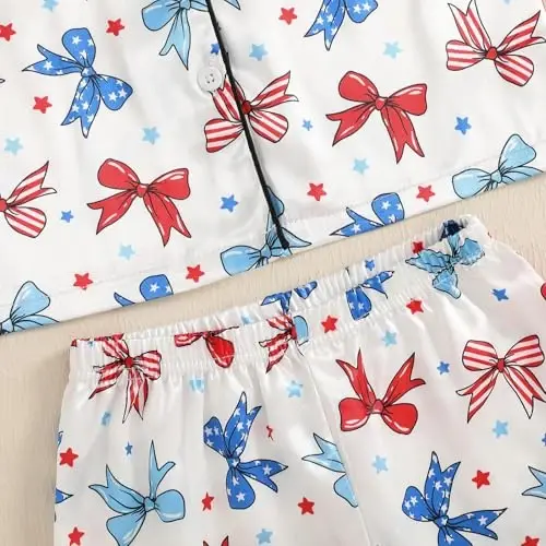 Bolalar uchun qiz va o'g'il bolalar atlasdan pajama to'plami, kalta yengli tugmali ko'ylak va shortilar Pjs yozgi uyqu kiyimlari - 6