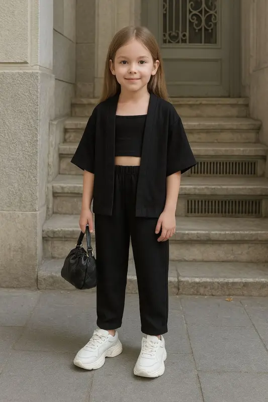 Bolalar uchun qulay kesimli kimono, ustki va pastki komplekt - Qora - 1