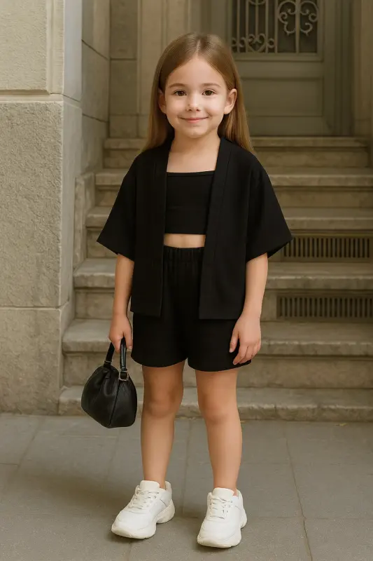 Bolalar uchun qulay kesimli shortli kimono kostyumi - Bolalar uchun qora - AFROGİYİM