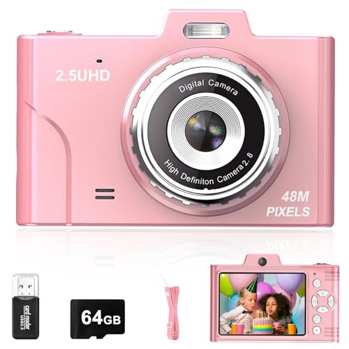 Bolalar uchun raqamli kamera, 48MP 1080P FHD kamera, 64GB karta, 8X raqamli zum, nuqtani va otish raqamli kamera, ixcham kichik kamera, o'spirinlar, talabalar, bolalar, o'g'il va qizlar uchun sovg'alar (pushti) - XBENDON