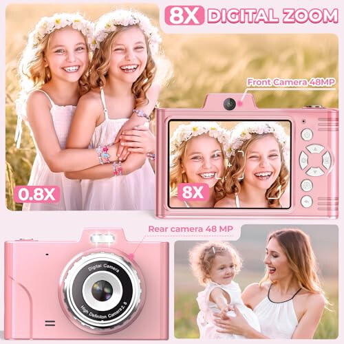 Bolalar uchun raqamli kamera, 48MP 1080P FHD kamera, 64GB karta, 8X raqamli zum, nuqtani va otish raqamli kamera, ixcham kichik kamera, o'spirinlar, talabalar, bolalar, o'g'il va qizlar uchun sovg'alar (pushti) - 3