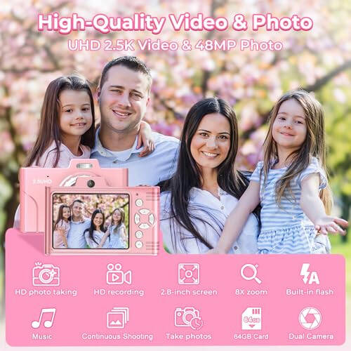 Bolalar uchun raqamli kamera, 48MP 1080P FHD kamera, 64GB karta, 8X raqamli zum, nuqtani va otish raqamli kamera, ixcham kichik kamera, o'spirinlar, talabalar, bolalar, o'g'il va qizlar uchun sovg'alar (pushti) - 4