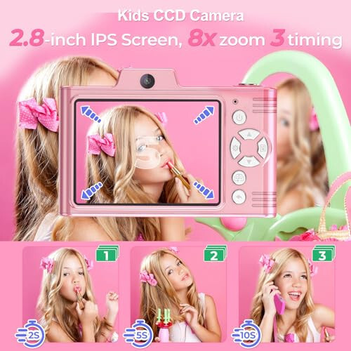 Bolalar uchun raqamli kamera, 48MP 1080P FHD kamera, 64GB karta, 8X raqamli zum, nuqtani va otish raqamli kamera, ixcham kichik kamera, o'spirinlar, talabalar, bolalar, o'g'il va qizlar uchun sovg'alar (pushti) - 5