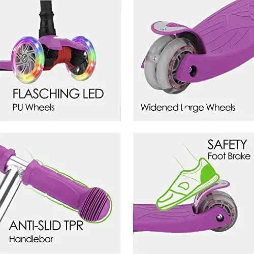 Bolalar uchun skuterlar 3 g'ildirakli tepish skuteri Toddler qizlar va o'g'il bolalar uchun, 4 sozlanishi balandlik, boshqarish uchun eğish, qo'shimcha keng taxta, 3 yoshdan 14 yoshgacha bo'lgan bolalar uchun yoritilgan g'ildiraklar - 2