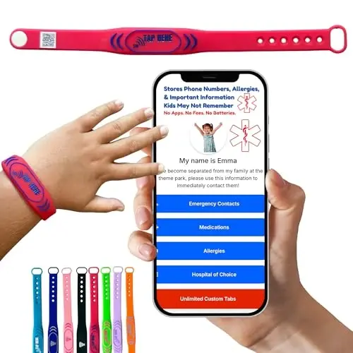 Bolalar uchun sozlanishi mumkin bo'lgan ID bilaguzuk – “Shu yerga teging” logotipi bilan NFC aqlli xavfsizlik tasmasi, nutqiy bo'lmagan bolalar va tibbiy ma'lumot uchun bolalar ID bilaguzuk, suv o'tkazmaydigan silikon, GPS emas, obuna yo'q - 1