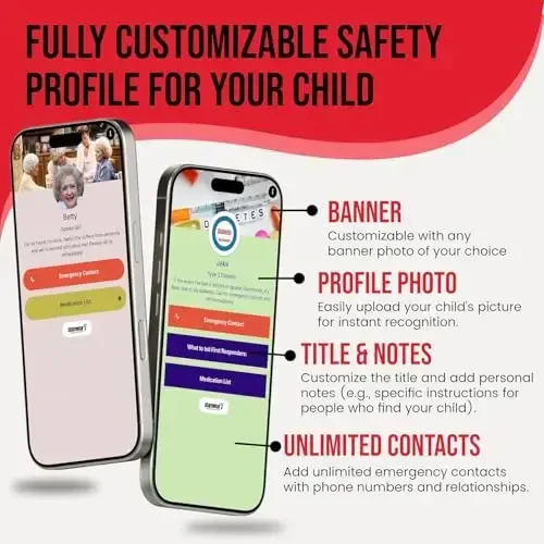 Bolalar uchun sozlanishi mumkin bo'lgan ID bilaguzuk – “Shu yerga teging” logotipi bilan NFC aqlli xavfsizlik tasmasi, nutqiy bo'lmagan bolalar va tibbiy ma'lumot uchun bolalar ID bilaguzuk, suv o'tkazmaydigan silikon, GPS emas, obuna yo'q - 3