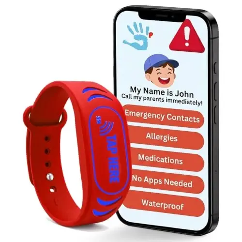 Bolalar uchun sozlanishi mumkin bo'lgan ID bilaguzuk – “Shu yerga teging” logotipi bilan NFC aqlli xavfsizlik tasmasi, nutqiy bo'lmagan bolalar va tibbiy ma'lumot uchun bolalar ID bilaguzuk, suv o'tkazmaydigan silikon, GPS emas, obuna yo'q - SHAREWEAR