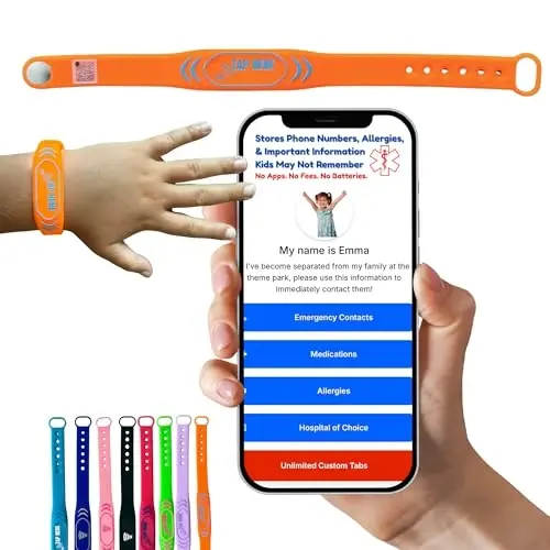 Bolalar uchun sozlanishi mumkin QR kodli bilaguzuk – Skanerlanadigan favqulodda profilga ega aqlli xavfsizlik ID bilaguzuk, suv o'tkazmaydigan silikon bilaguzuk, GPS emas, obuna yo'q, sayohat va maktab uchun - 1