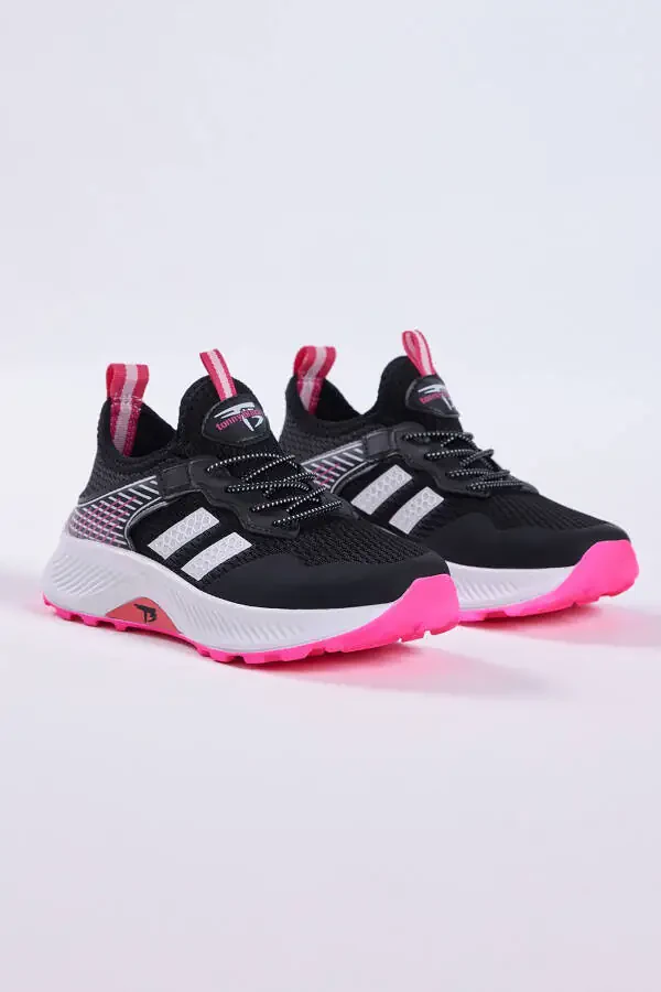 Bolalar uchun unisex qora pushti qulay kiyiladigan nafas oladigan matoli bog‘lanadigan krossovka - 1