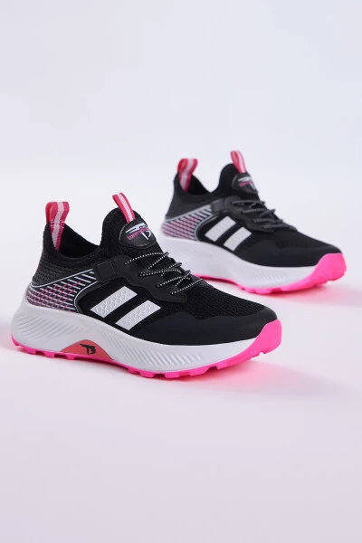 Bolalar uchun unisex qora pushti qulay kiyiladigan nafas oladigan matoli bog‘lanadigan krossovka - TONNY BLACK (1)