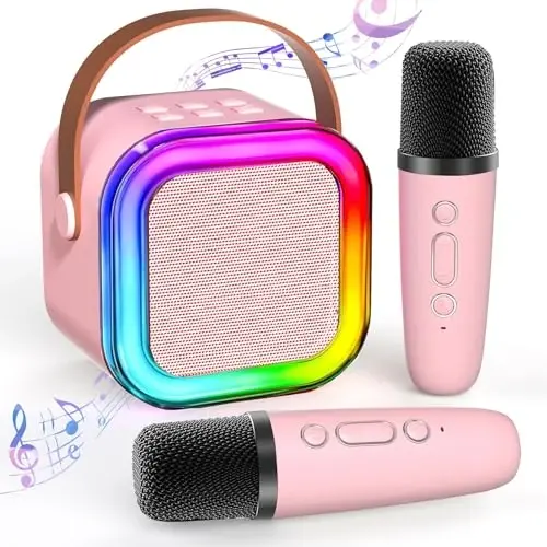 Bolalar va kattalar uchun mini karaoke mashinasi, 2 ta simsiz mikrofon va LED rangli chiroqlari bor ko'chma Bluetooth karaoke dinamik, 4, 5, 6, 7, 8, 9, 10, 11, 12+ yoshli qizlar/o'g'il bolalar uchun uyda tug'ilgan kun partiyasi, pushti - 2