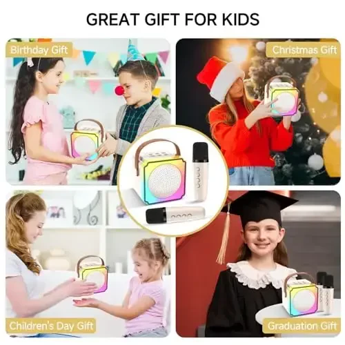 Bolalar va kattalar uchun Mini Karaoke Mashinasi, 2 ta Simsiz Mikrofonli Ko‘chma Bluetooth Karaoke Mashinasi, Uyda Partiyalar uchun Bolalar Karaoke Mashinasi, Qizlar va O‘g‘il Bolalar uchun Tug‘ilgan Kun Sovg‘alari (bej) - Modazone (1)