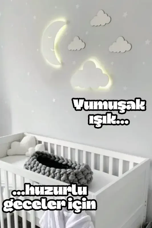 Bolalar xonasi uchun dekorativ yog'och oy va bulut tungi chiroq LED yoritish devor bezagi - 4