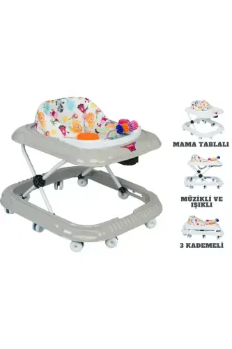 Bolali stolli chaqaloq yuradigan, musiqali va yorug'likli 10 g'ildirakli yuradigan - kulrang - BABY ROYS (1)