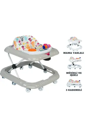 Bolali stolli chaqaloq yuradigan, musiqali va yorug'likli 10 g'ildirakli yuradigan - kulrang - BABY ROYS (1)