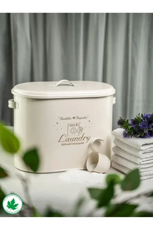 Bölmeli Metal Kapaklı Ölçekli Deterjanlık, Toz Deterjanlık, Banyo Deterjanlık, (laundry Baskılı) - Krem - 2
