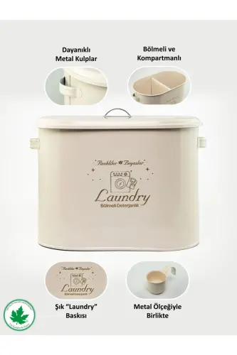 Bölmeli Metal Kapaklı Ölçekli Deterjanlık, Toz Deterjanlık, Banyo Deterjanlık, (laundry Baskılı) - Krem - 5