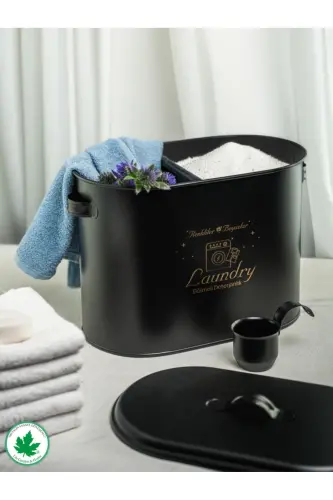 Bölmeli Metal Kapaklı Ölçekli Deterjanlık, Toz Deterjanlık, Banyo Deterjanlık, Metal Deterjan Kutusu - Siyah 
