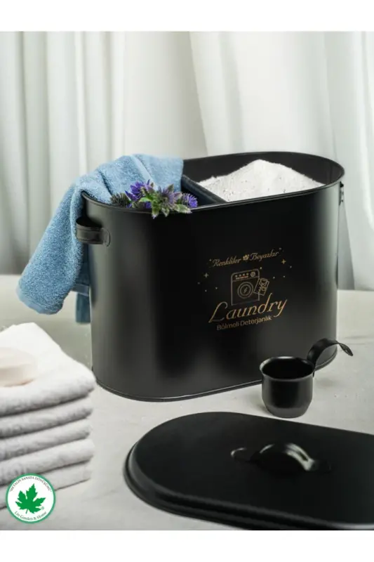 Bölmeli Metal Kapaklı Ölçekli Deterjanlık, Toz Deterjanlık, Banyo Deterjanlık, Metal Deterjan Kutusu - Siyah - 1