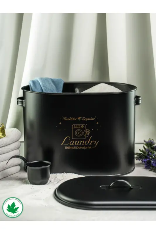 Bölmeli Metal Kapaklı Ölçekli Deterjanlık, Toz Deterjanlık, Banyo Deterjanlık, Metal Deterjan Kutusu - Siyah - 2