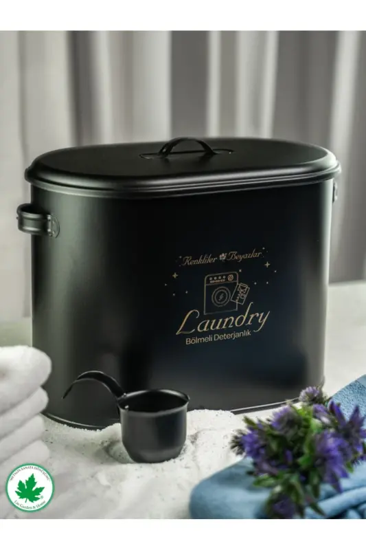 Bölmeli Metal Kapaklı Ölçekli Deterjanlık, Toz Deterjanlık, Banyo Deterjanlık, Metal Deterjan Kutusu - Siyah - 4